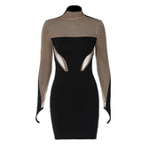 Mesh patchwork contrast gloves high neck mini dress 10