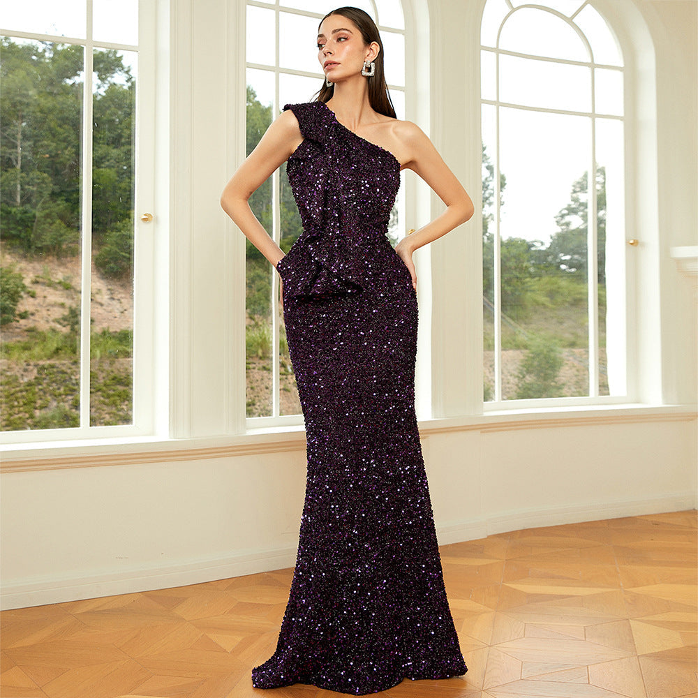 Sequin One Shoulder Ruffle Peplum Mermaid Maxi Dress
