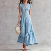 V-Neck Ruffle Sleeve Button Front Tiered Maxi Dress 4