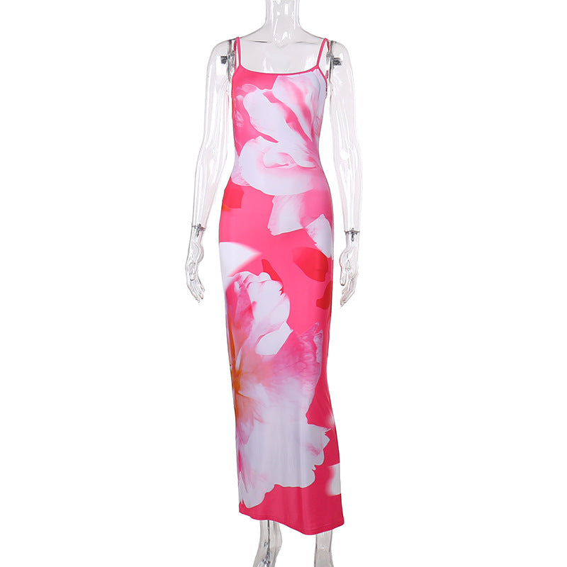 Printing Slip Dress Waist Tight Hip Dress