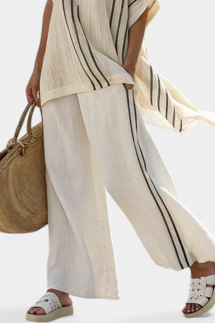 Striped Short Sleeve Top and Wide Leg Pants Two Piece Set