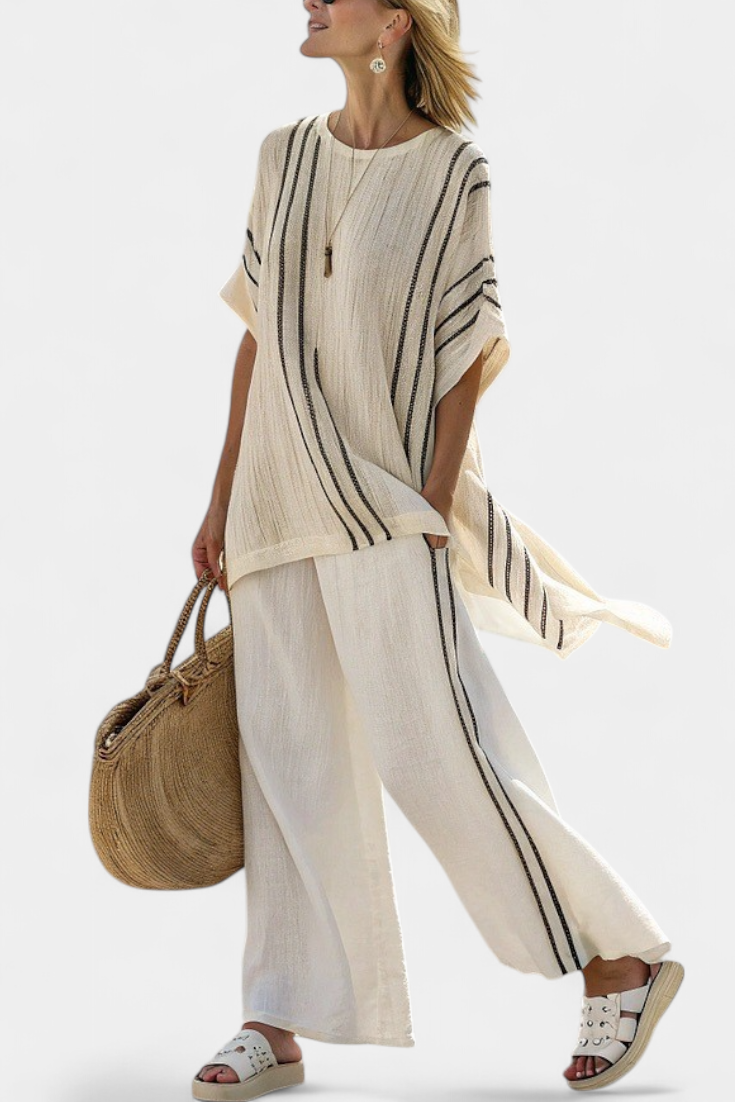 Striped Short Sleeve Top and Wide Leg Pants Two Piece Set