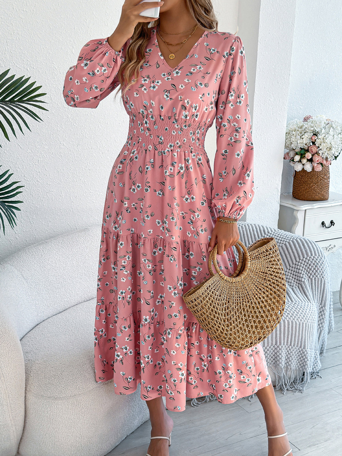Ditsy Floral Print V-Neck Long Sleeve Smocked Waist Tiered Midi Dress 3