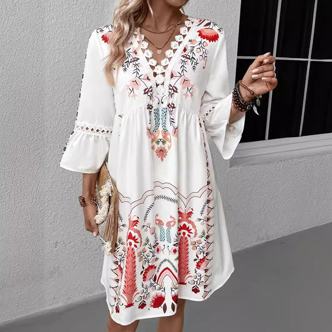 Boho Print Lace Trim V-Neck Bell Sleeve Empire Waist Midi Dress
