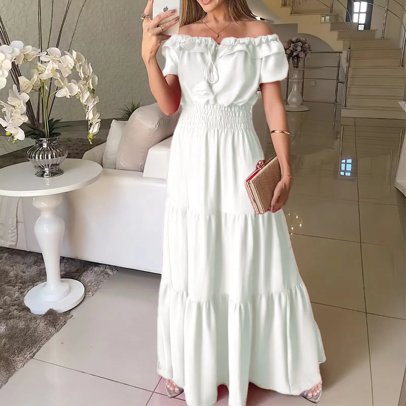 Off Shoulder Puff Sleeve Smocked Tiered Maxi Dress 12