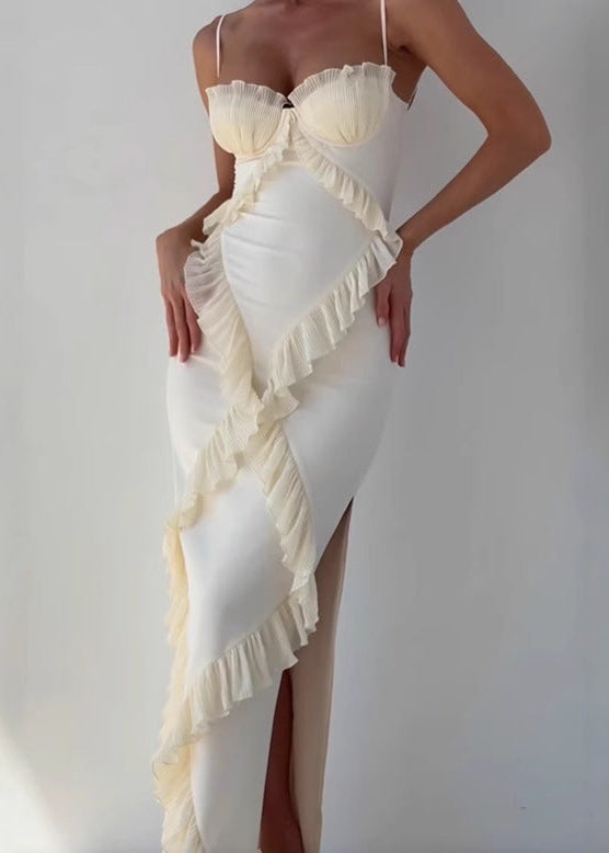 Pleated Ruffle Trim Underwire Bustier Spaghetti Strap High Split Maxi Dress