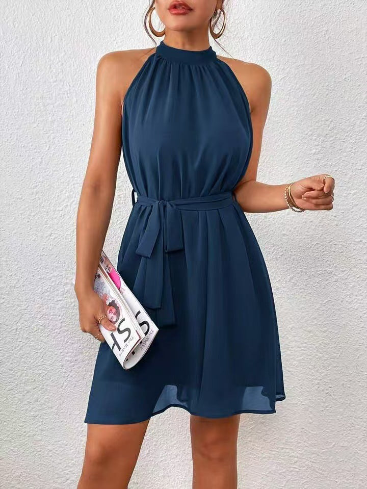 Chiffon Halter Neck Sleeveless Tie Waist A-Line Mini Dress 4