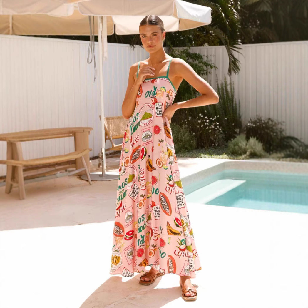 Summer Printed High Waist Seaside Holiday Casual Swing Dress Long Dress