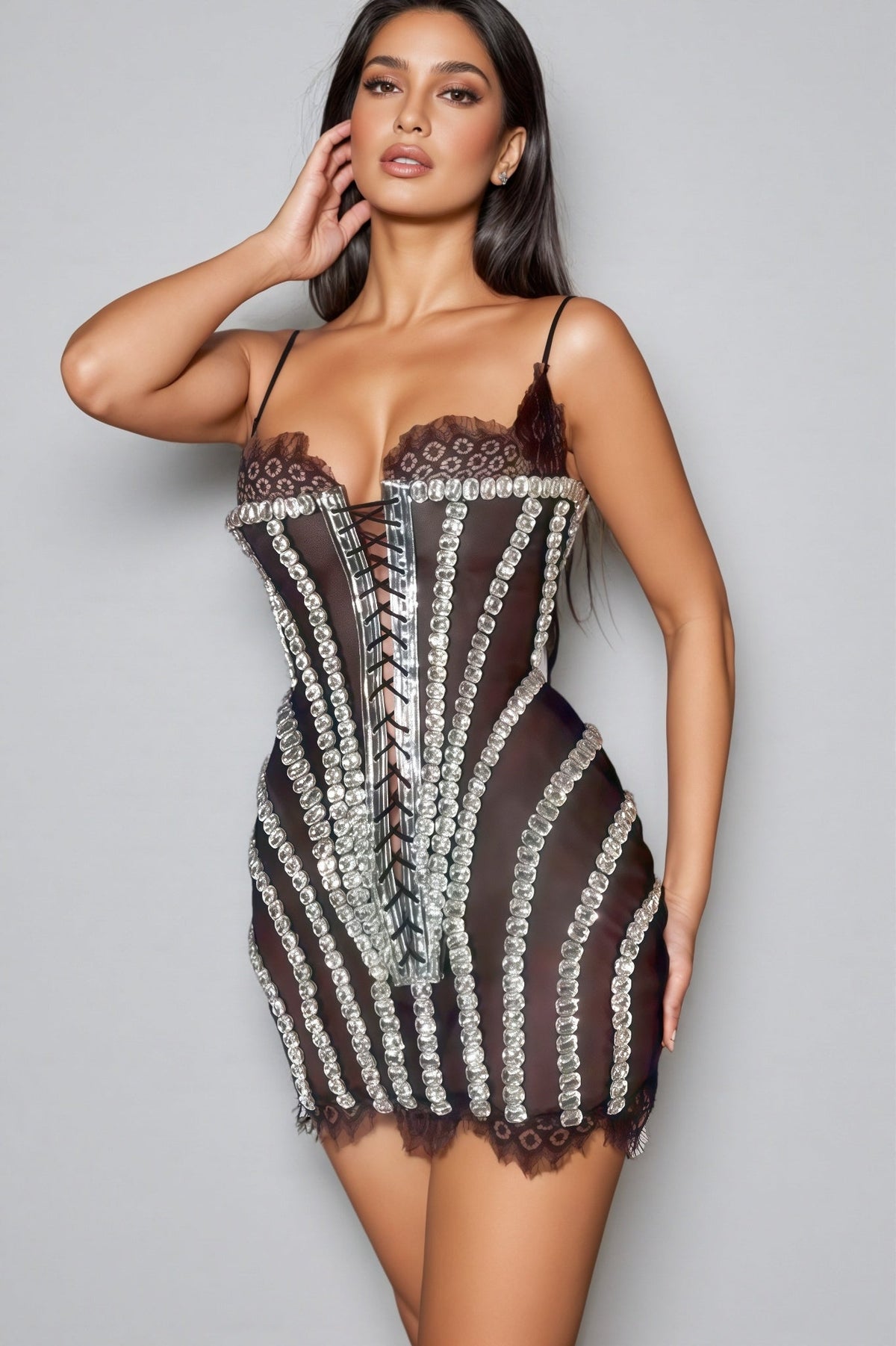 Rhinestone Stripe Lace Up Corset Sheer Mesh Lace Trim Mini Dress