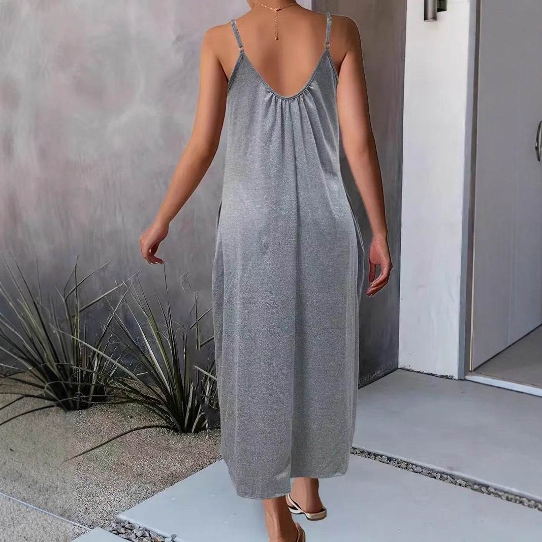 Scoop Neck Spaghetti Strap Gathered Loose Fit Maxi Slip Dress 2
