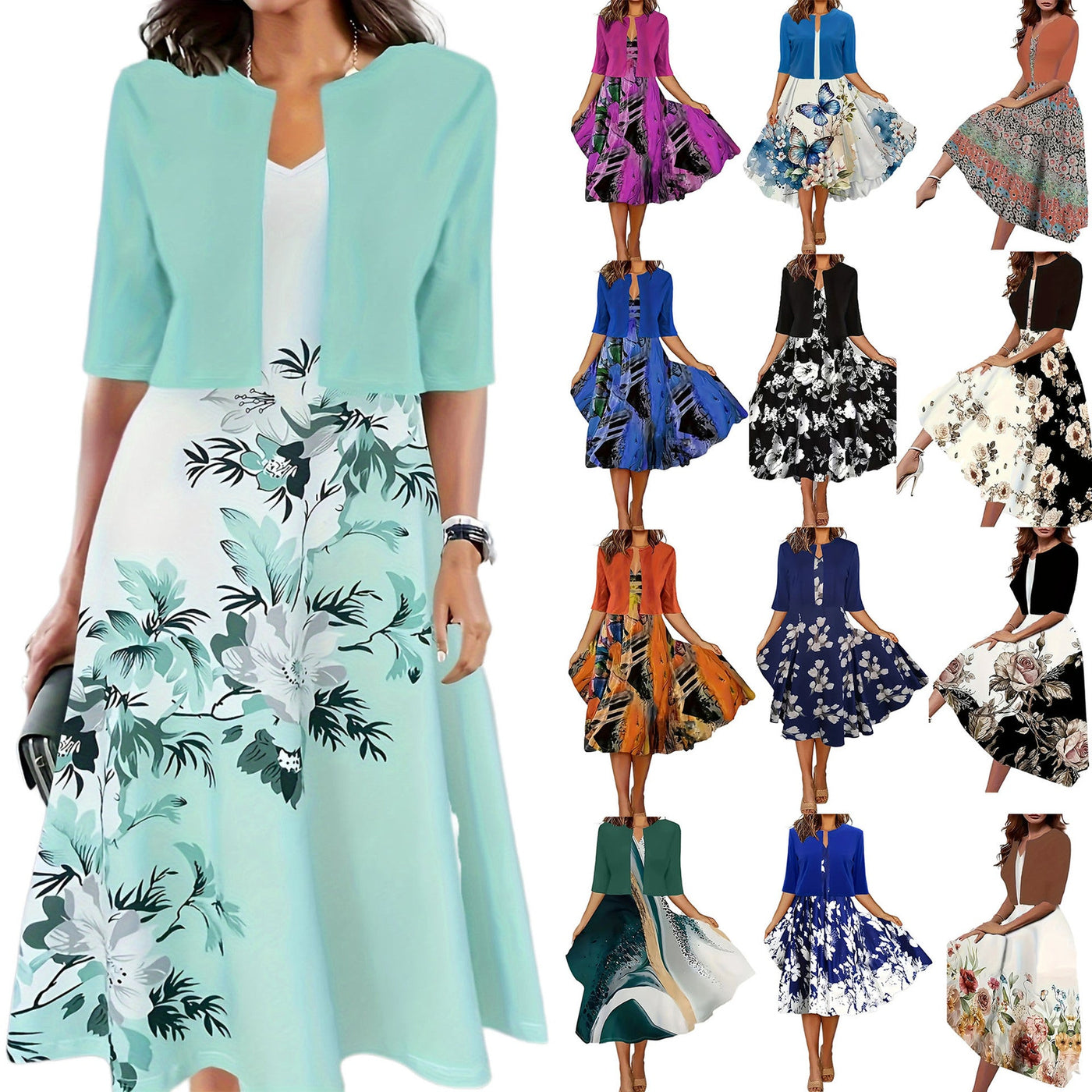 Floral Sleeveless Midi Dress with Bolero Two Piece Set