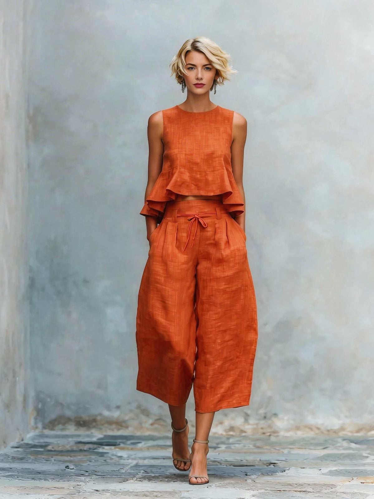 Sleeveless Ruffle Hem Top and Wide Leg Cropped Pants Two Piece Set