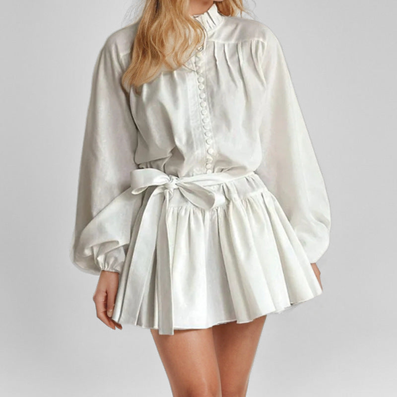 Floral Print High Neck Long Sleeve Tie Waist Tiered Mini Dress 7