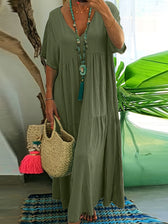 V-Neck Short Sleeve Tiered Linen Maxi Dress 9
