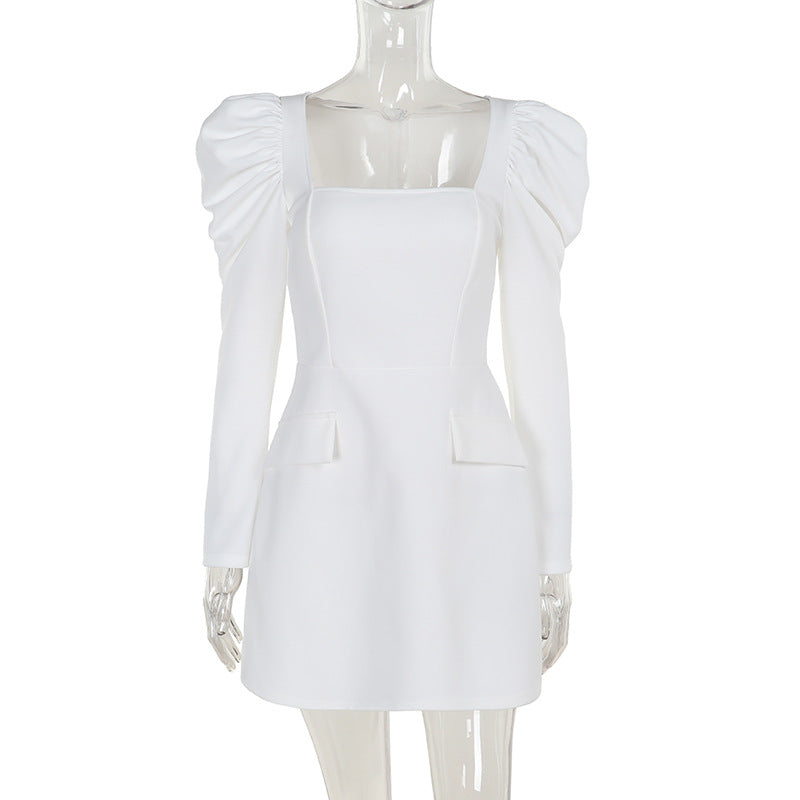 Square Neck Puff Shoulder Long Sleeve Flap Pocket Mini Dress 4