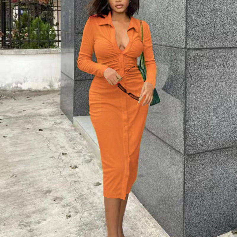 Ruched Bust Deep V-Neck Long Sleeve Button Front Collared Midi Shirt Dress 2