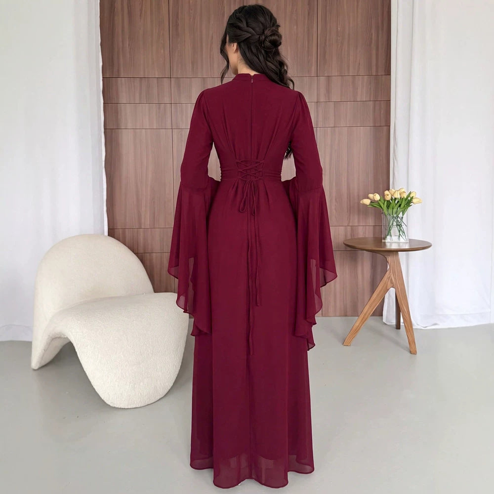 Autumn Ladies Solid Color Bell Sleeve Elegant Party Occasion Maxi Dress
