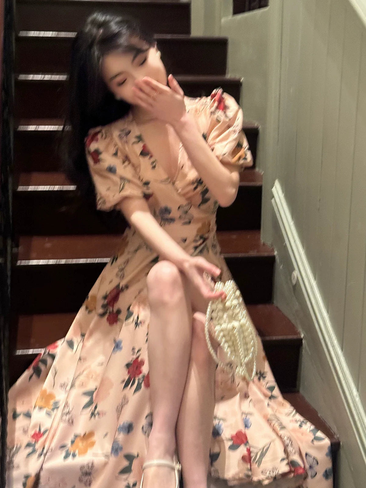 Floral V-Neck Puff Sleeve Fit and Flare Midi Dress