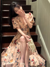 Floral V-Neck Puff Sleeve Fit and Flare Midi Dress