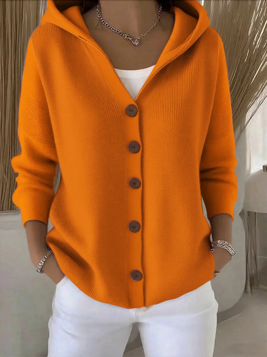 Hooded Button Front Long Sleeve Knit Cardigan