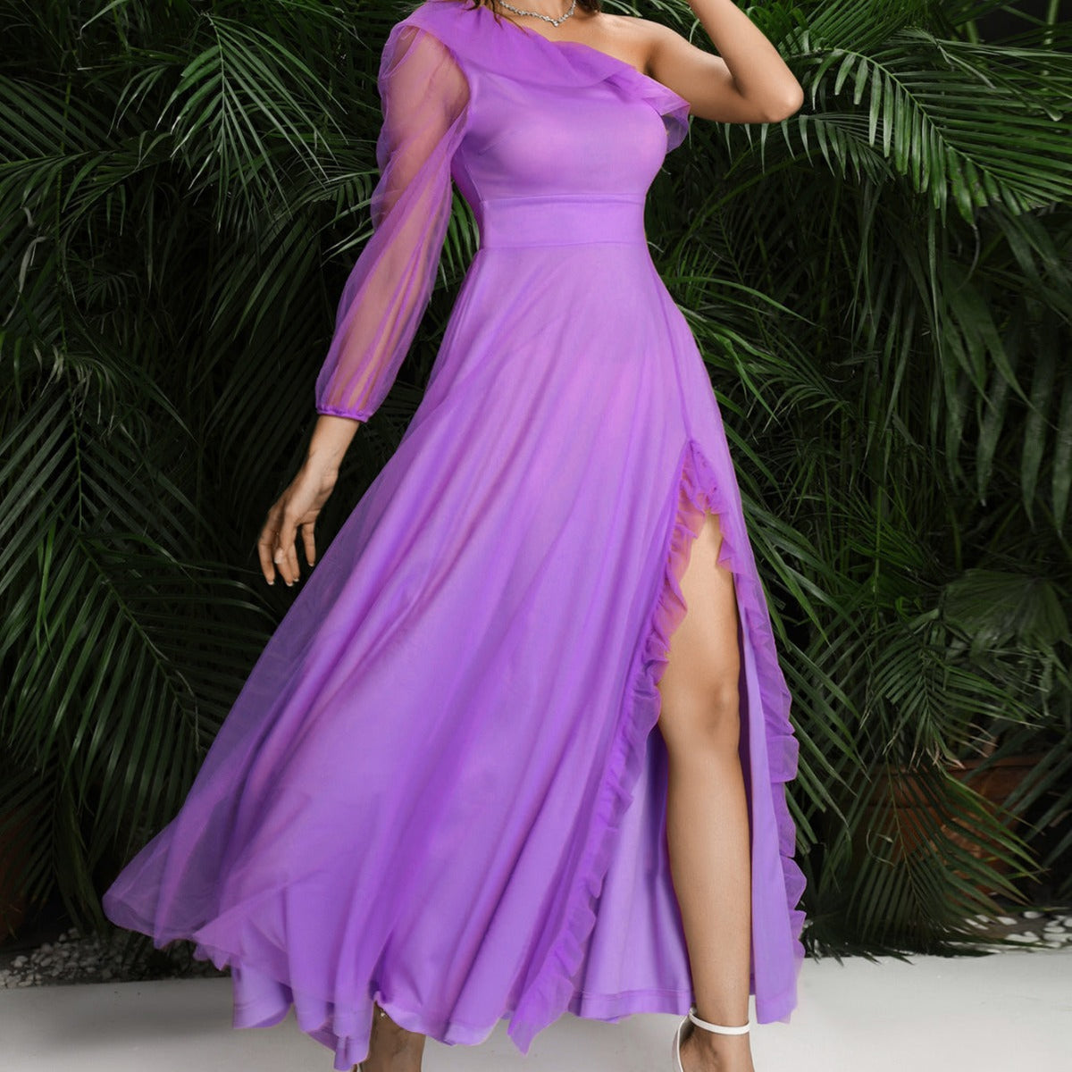 One Shoulder Ruffle Trim Sheer Sleeve Tulle Maxi Evening Dress 2