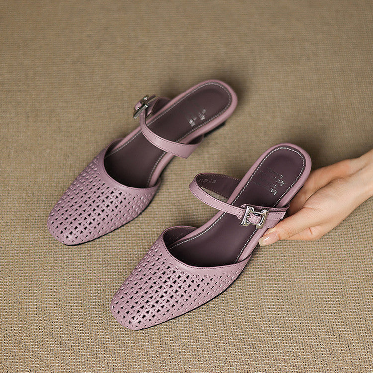 Square Toe Cut Out Buckle Block Heel Mules