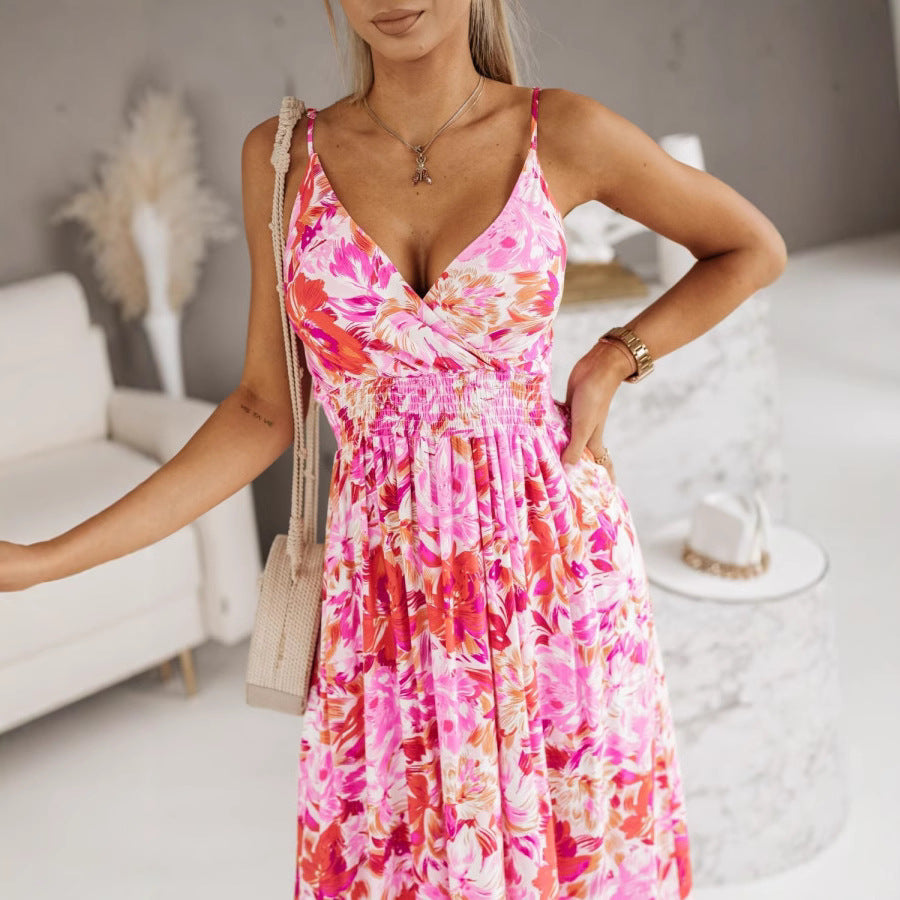 Floral Print Wrap V-Neck Sleeveless Smocked Waist Maxi Dress 2