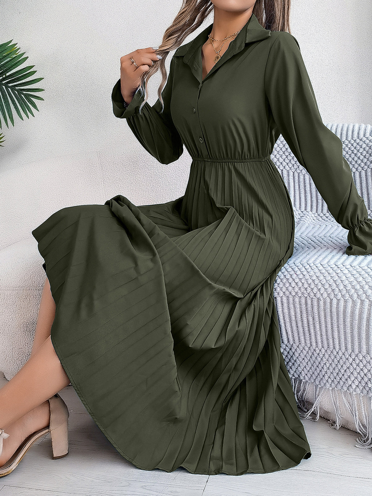 Collared Button Front Ruffle Cuff Long Sleeve Pleated Midi Shirt Dress 8