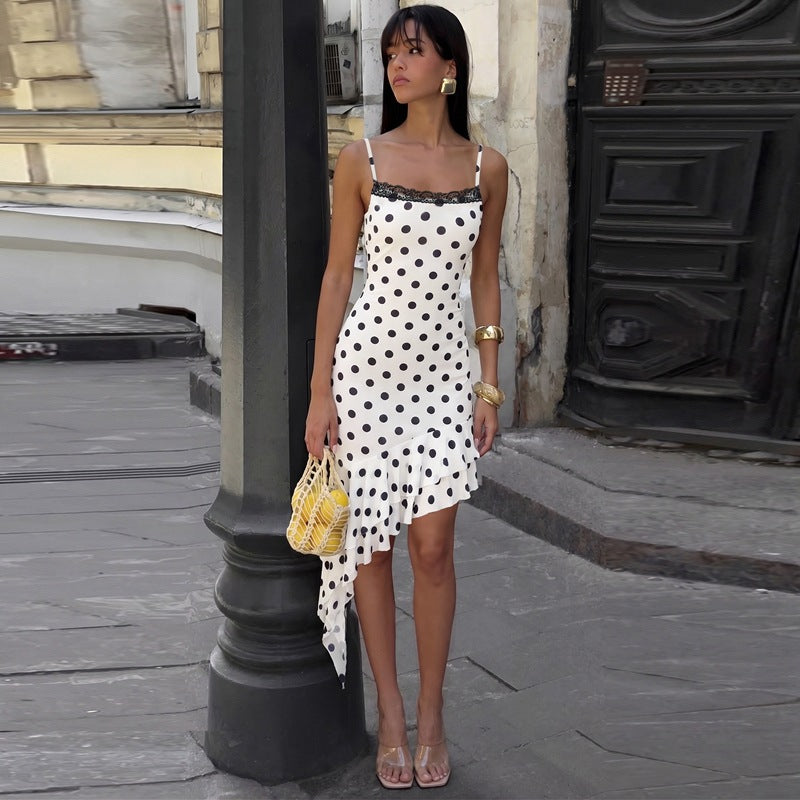 Women Clothing Summer Polka Dot Printed Sling Sheath Sleeveless Irregular Asymmetric Dress