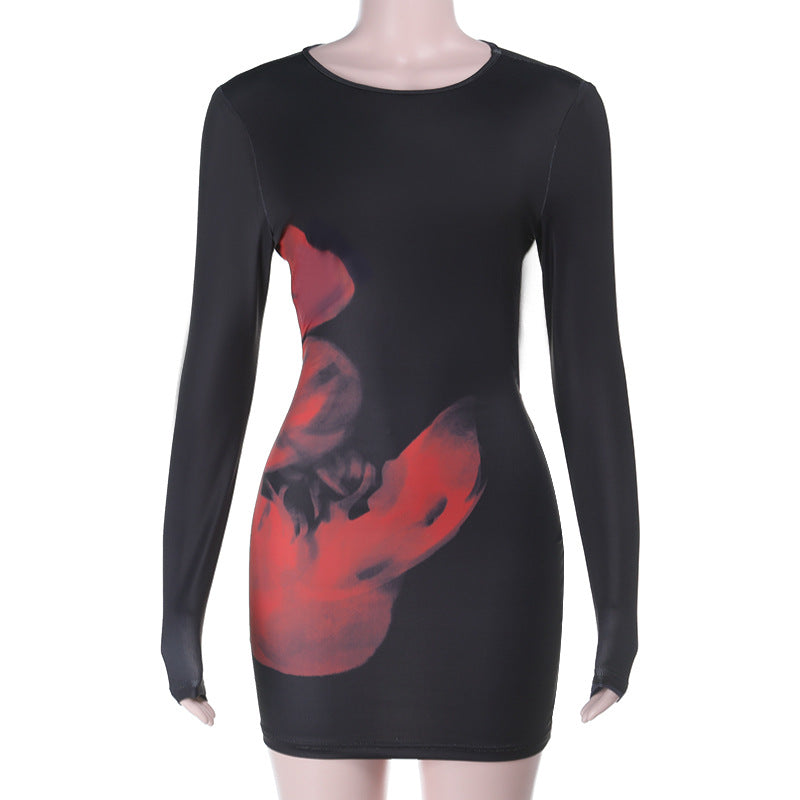 Abstract Print Crew Neck Long Sleeve Mesh Bodycon Mini Dress 5