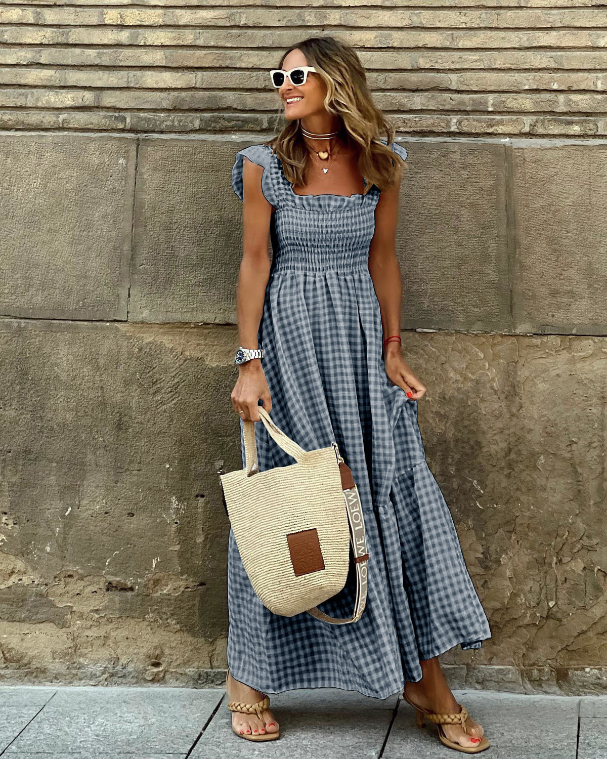 Gingham Smocked Square Neck Ruffle Strap Tiered Maxi Dress 4