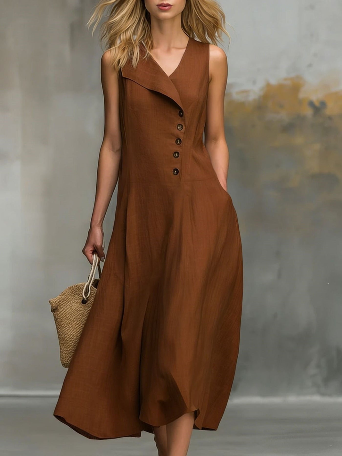 Sleeveless Lapel Button Front A-Line Linen Midi Dress 10