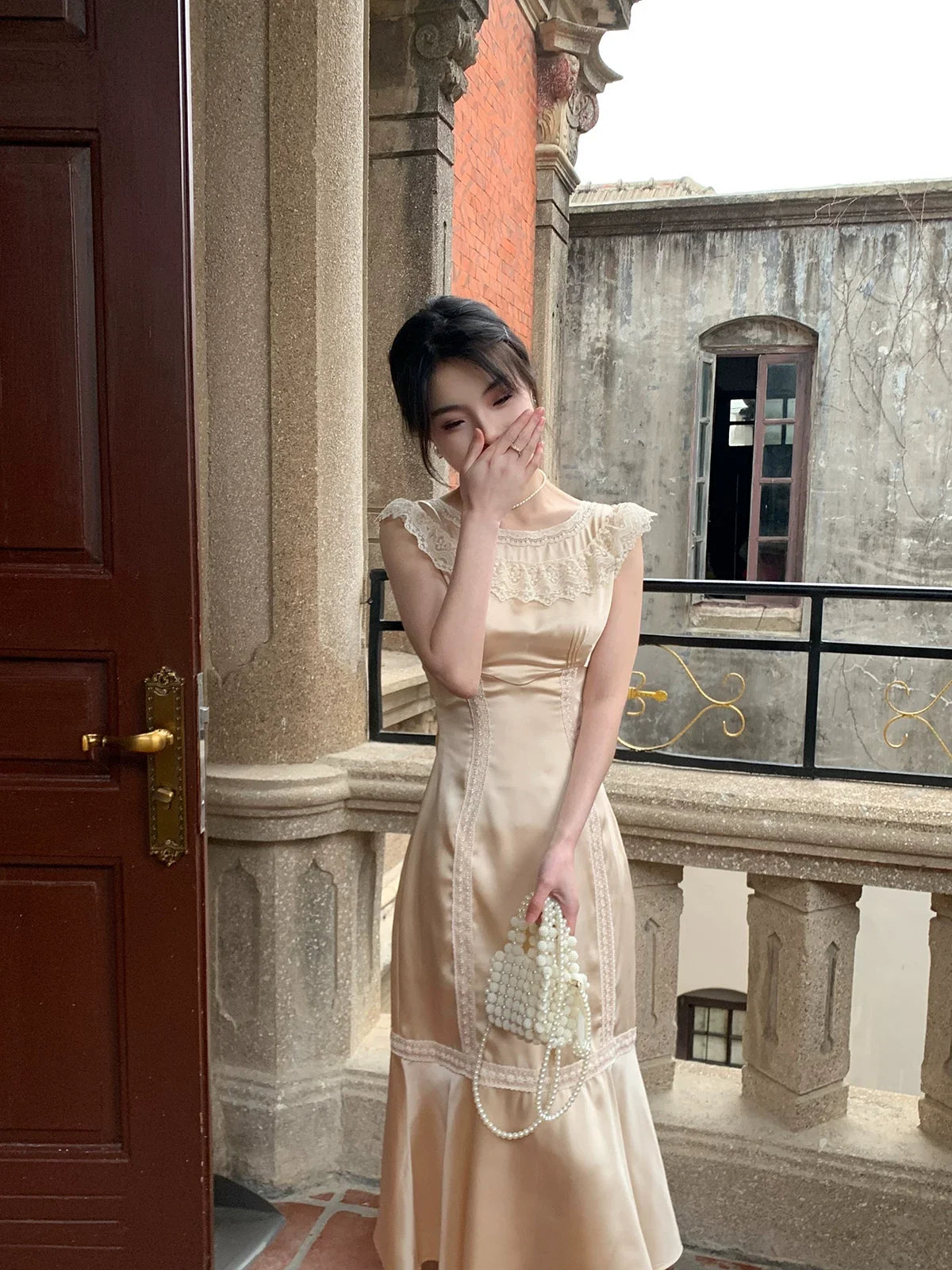 Lace Trim Sleeveless Satin Midi Dress 5