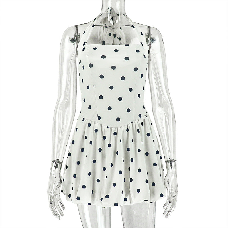 Polka Dot Halter Neck Drop Waist Bubble Hem Mini Dress 2