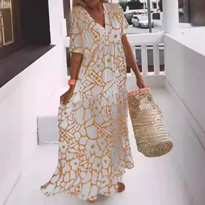 V-Neck Short Sleeve Floral Tiered Loose Maxi Beach Dress 4