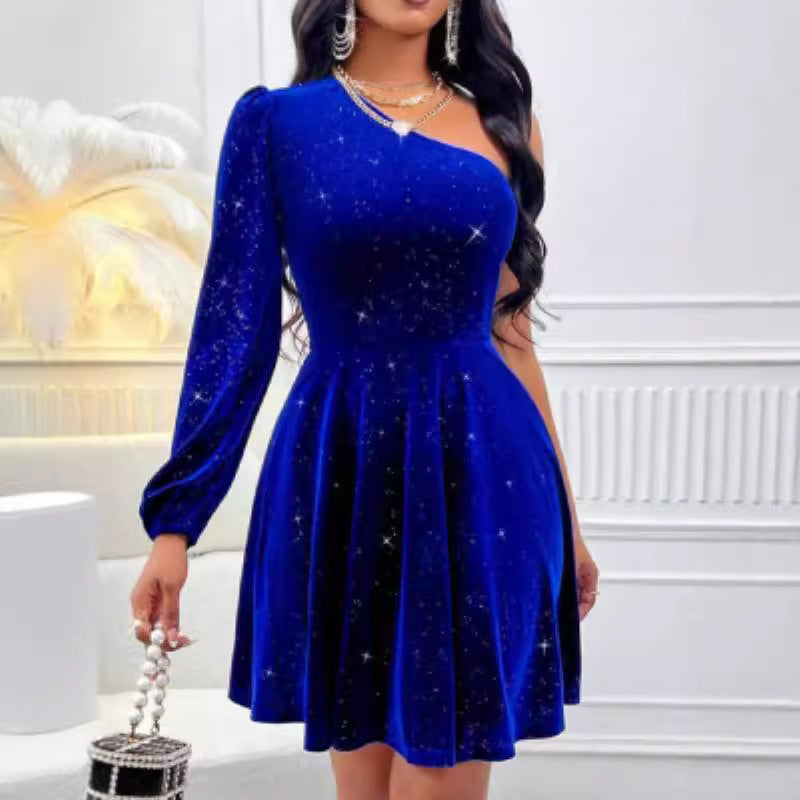 Glitter Velvet One Shoulder Long Sleeve Fit and Flare Mini Dress 6