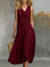 Sleeveless Lapel Button Front A-Line Linen Midi Dress 8