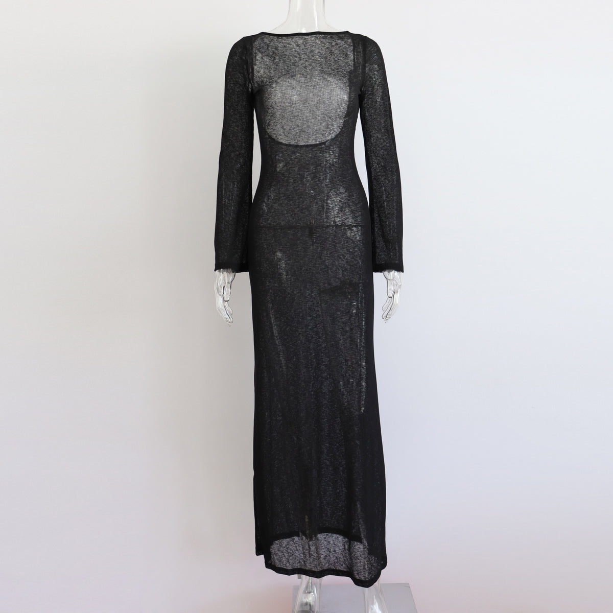 Sheer Knit Crew Neck Long Sleeve Flared Cuff Maxi Cover Up Dress 7