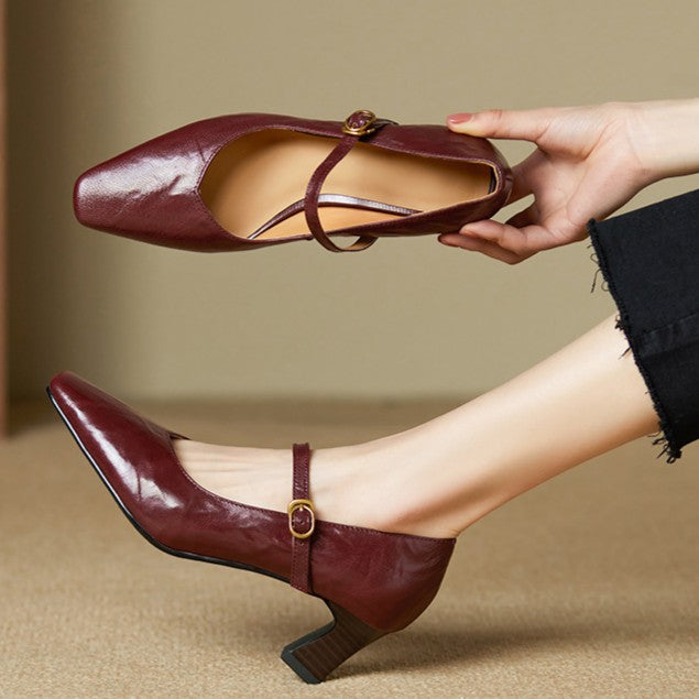 Buckle Strap Square Toe Block Heel Mary Jane Pumps