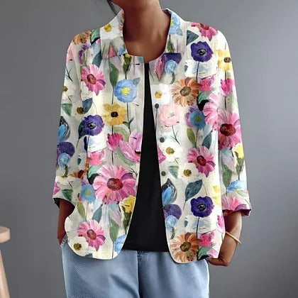 Floral Print Collarless Open Front Jacket