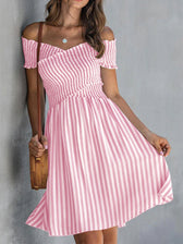 Striped Off Shoulder Short Sleeve Smocked Mini Dress 7