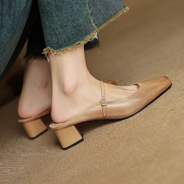 Square Toe Block Heel Backless Mary Jane Mules