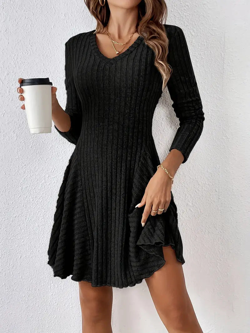 Ribbed Knit V-Neck Long Sleeve Fit and Flare Mini Dress 7
