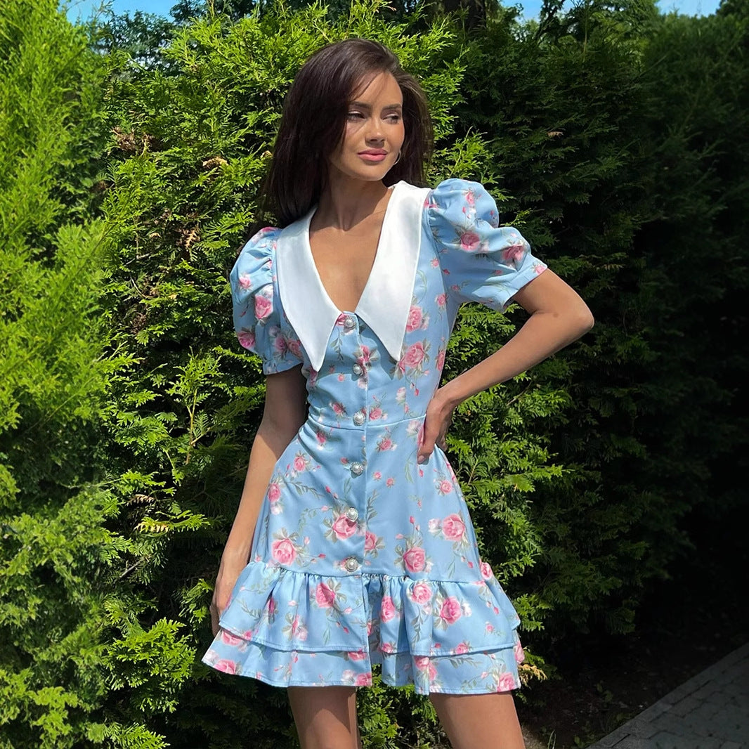 Floral Puff Sleeve Collar Button Front Ruffle Mini Dress 4