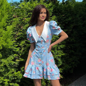 Floral Puff Sleeve Collar Button Front Ruffle Mini Dress 4