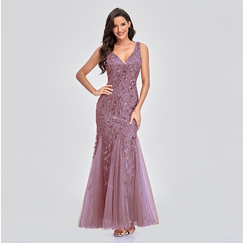 Sequin Embroidered V-Neck Sleeveless Tulle Mermaid Gown