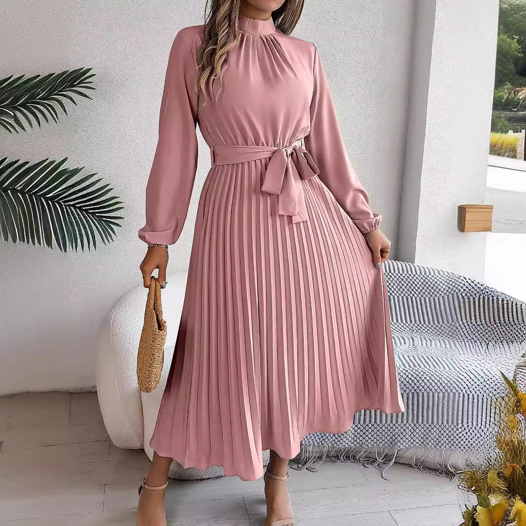 Mock Neck Long Sleeve Tie Waist Pleated A-Line Midi Dress