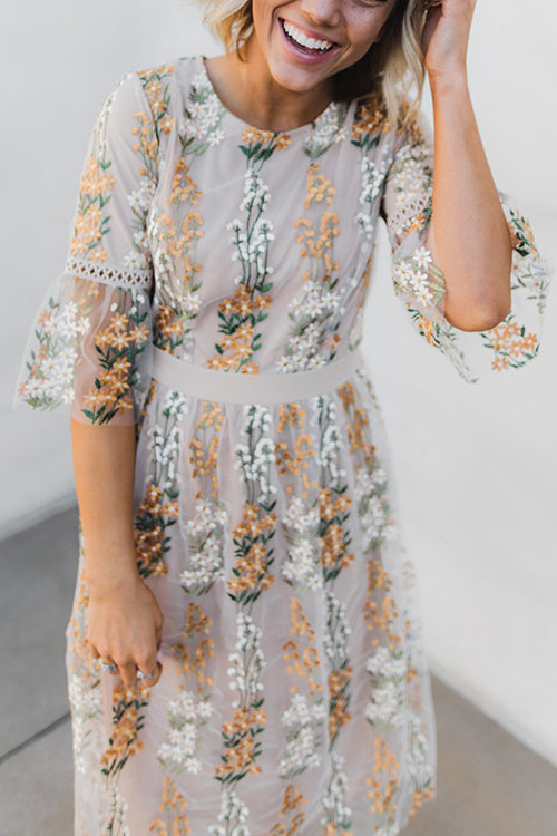 Flutter Sleeves Bloom Embroidered Dress