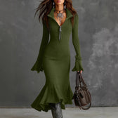 Ribbed Knit Long Sleeve Zip Front Mermaid Midi Dress 4