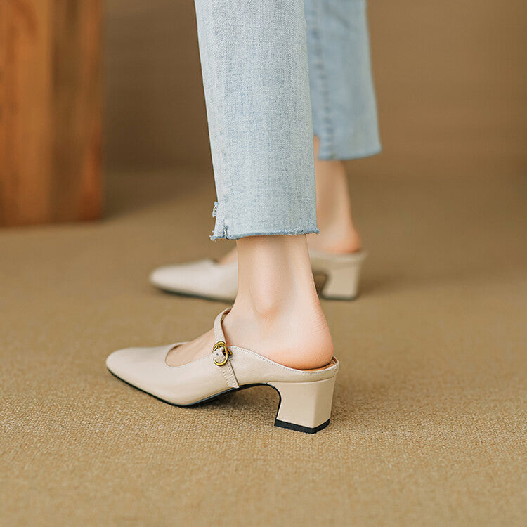 Square Toe Buckle Block Heel Mary Jane Mules
